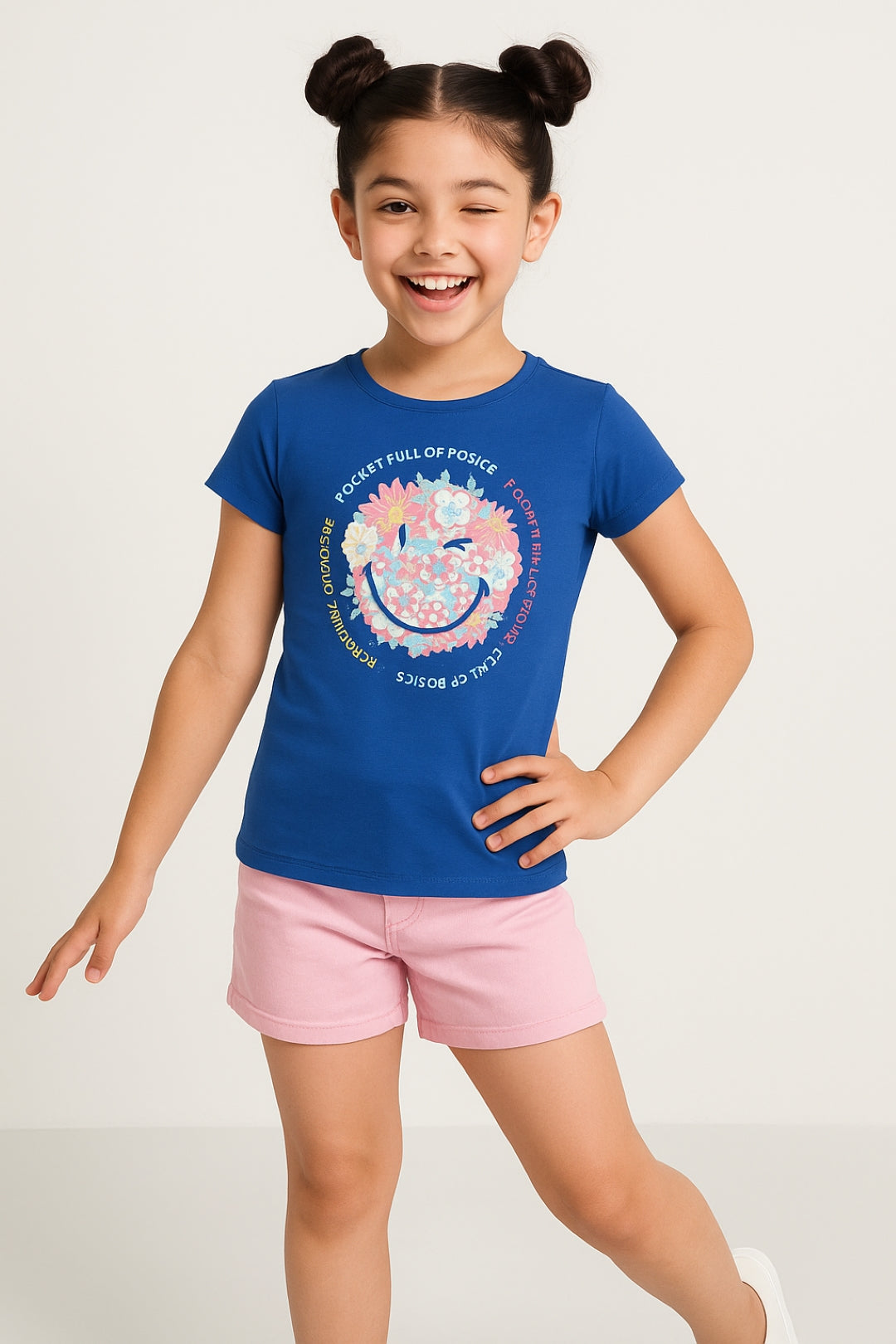 Girls Royal Blue Lycra Print Half Sleeve T-shirt