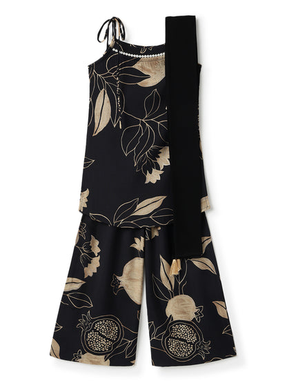 Girls Black Printed Viscose Kurta Set