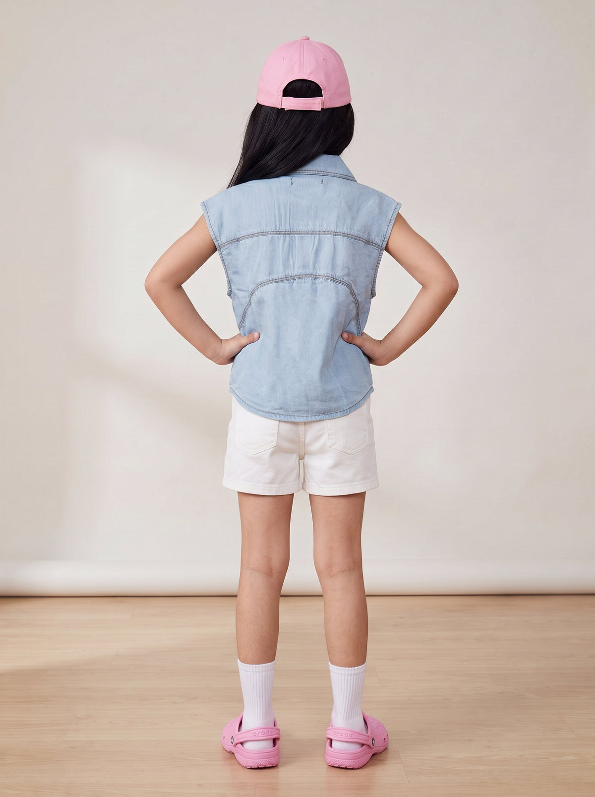 Girls Light Blue Cotton Blend Embroidered Shirt