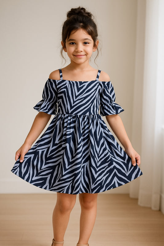 Girls Cold Shoulder Sky Blue Printed Dress