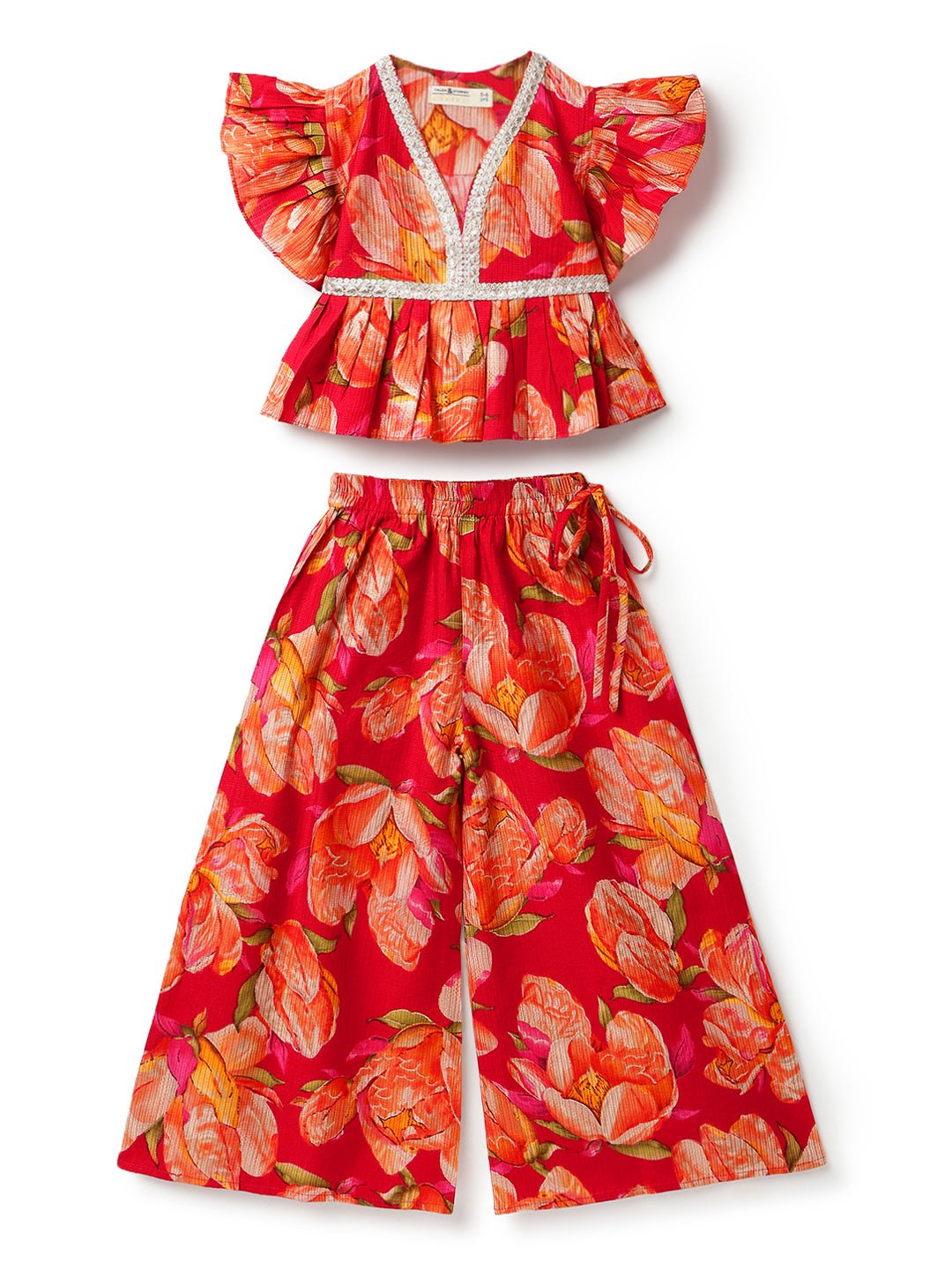 Girls Red Printed V-Neck Viscose Ethnic Kurta Set