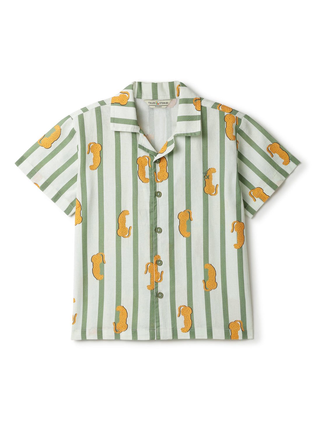 Boys Cotton Green Stripes Printed Shirt With Cream Trouser Clothing Set