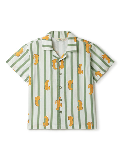 Boys Cotton Green Stripes Printed Shirt With Cream Trouser Clothing Set