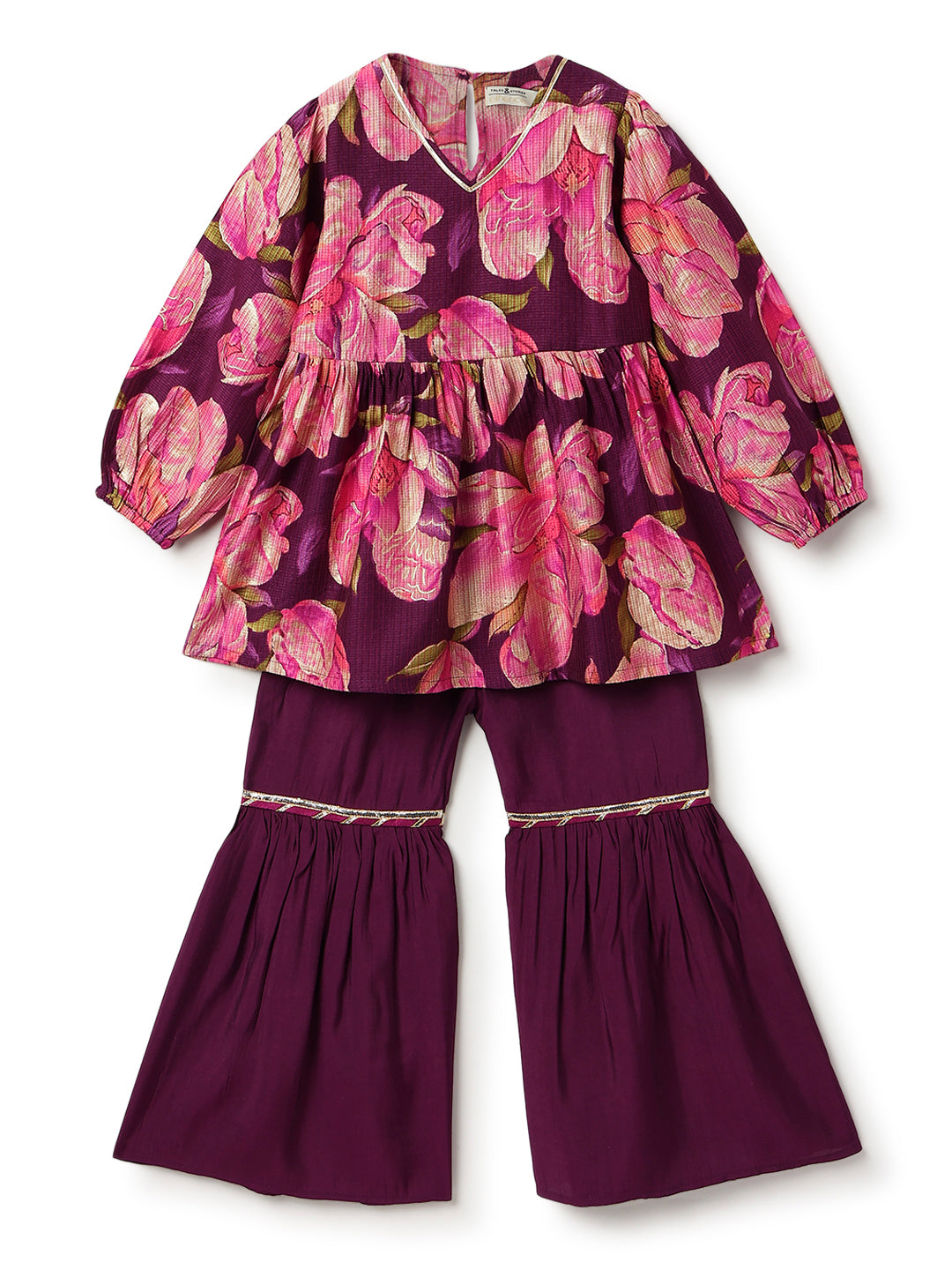 Girls Purple Floral Print Kurta & Sharara Set