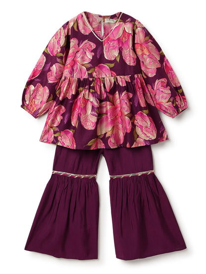 Girls Purple Floral Print Kurta & Sharara Set