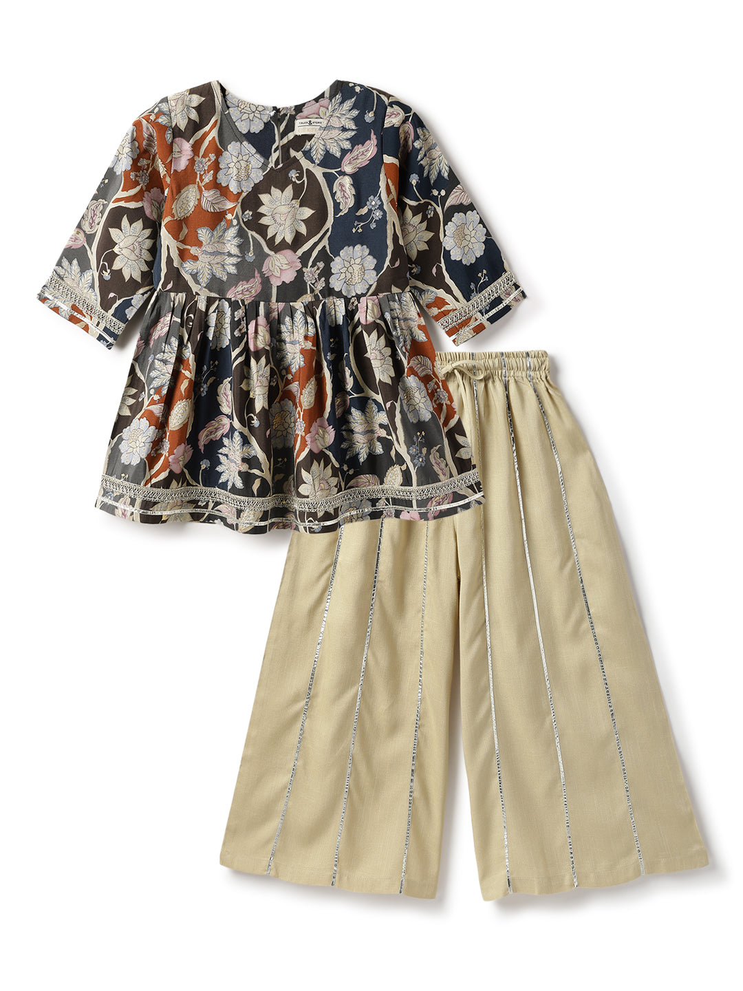 Girls Viscose Floral Printed Grey Top & Sharara Ethnic Set