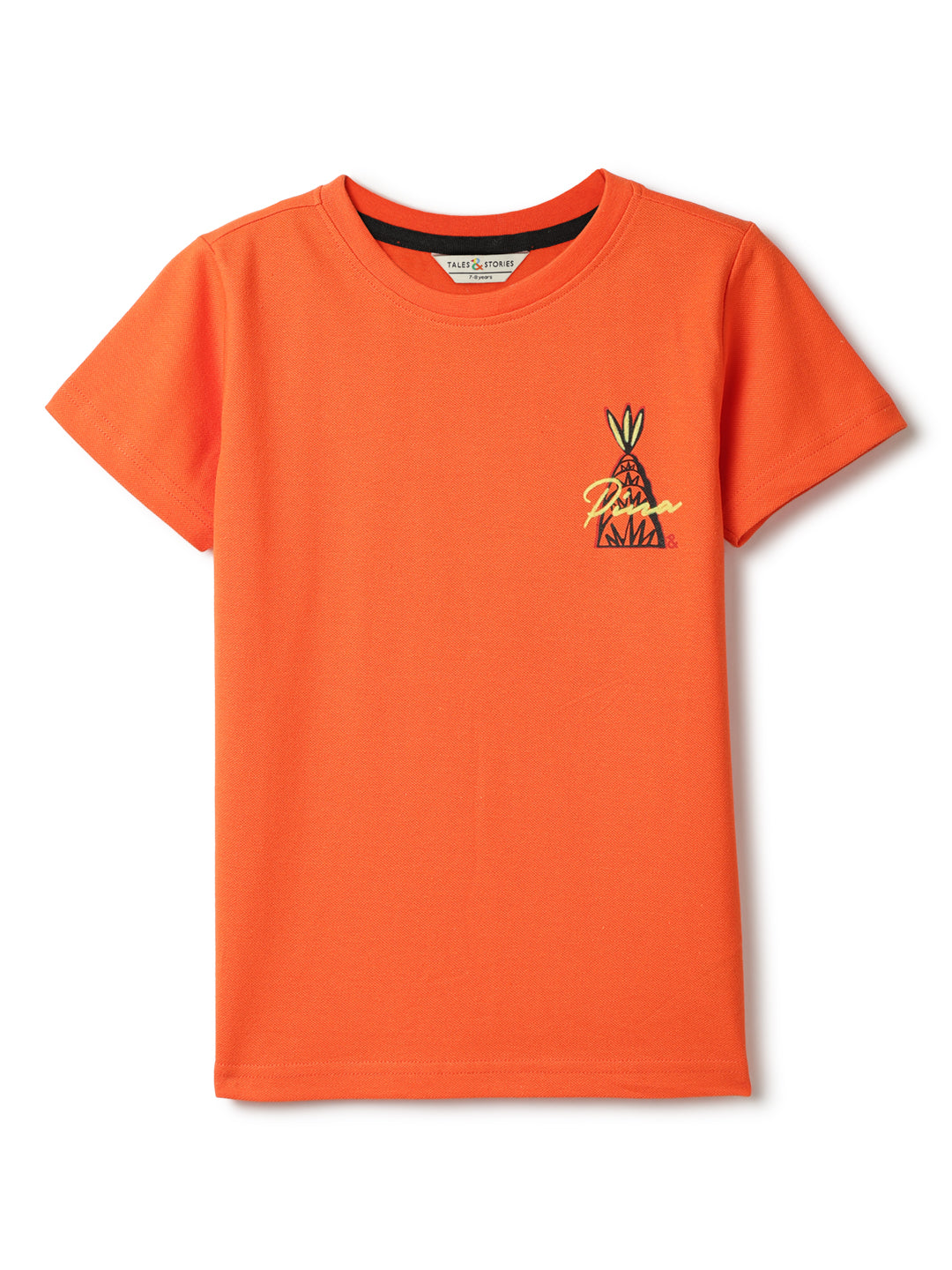 Boys Cotton Orange T-Shirt With Black Lycra Denim Solid Relaxed Fit Jeans