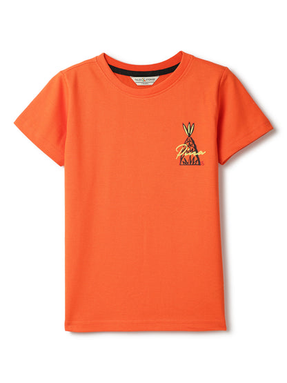 Boys Cotton Orange T-Shirt With Black Lycra Denim Solid Relaxed Fit Jeans