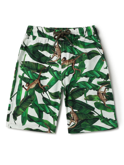 Boys Green Cotton Printed Shorts
