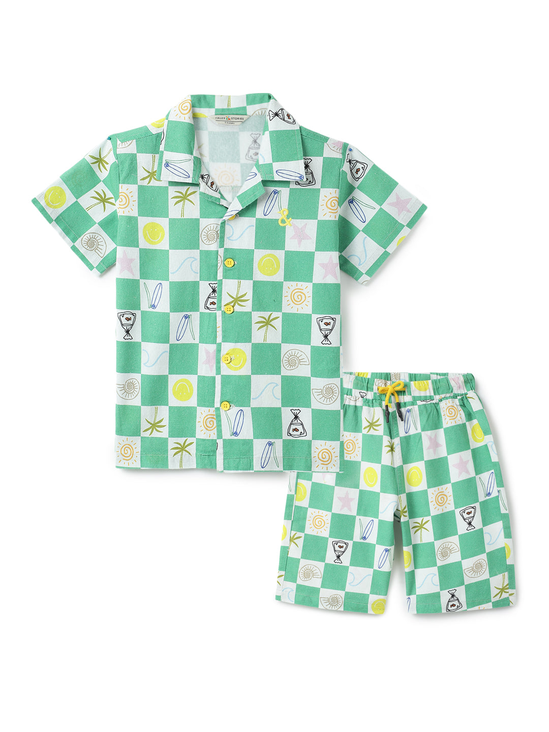 Boys Green Cotton Printed Co-ord Set