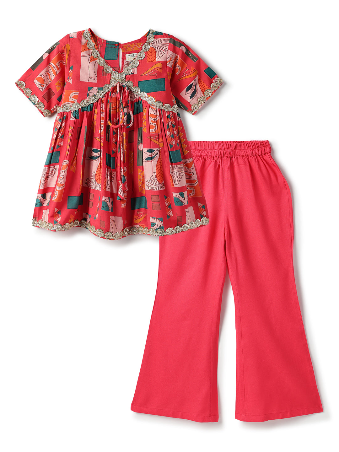 Girls Pink V-Neck Printed Ethnic Top & Sharara Ethnic Set