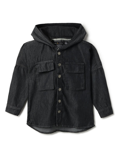 Boys Black Cotton Poly Hooded Shacket