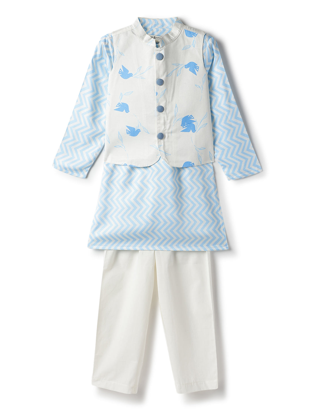 Boys Viscose Blue Full Sleeve Ethnic Kurta Set with Printed Jacket