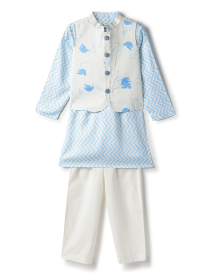 Boys Viscose Blue Full Sleeve Ethnic Kurta Set with Printed Jacket