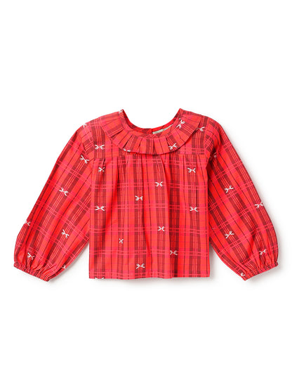 Girls Cotton Red Checks Top