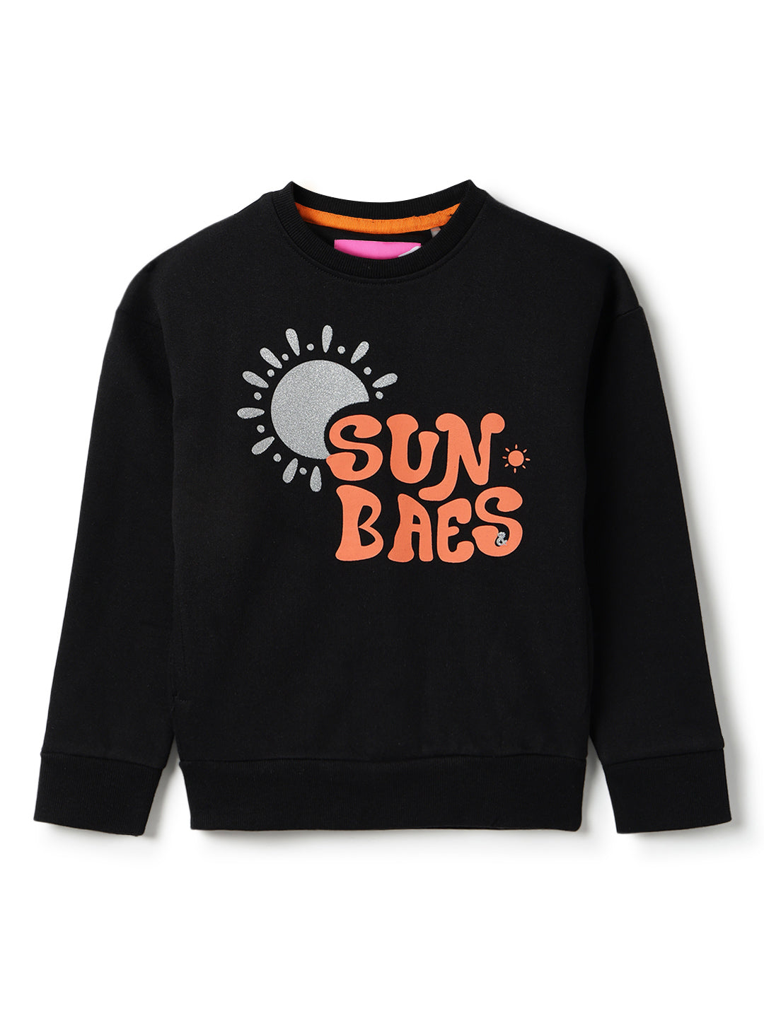 Girls Black Cotton Printed Oversized Sweatshirt