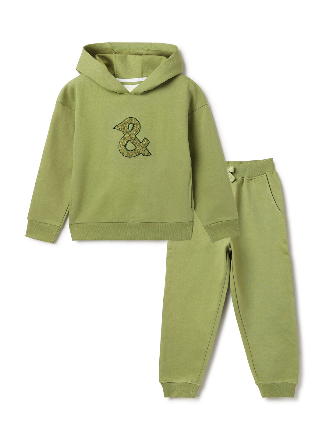 Unisex Olive Solid Fleece Hooded Co-ord Set