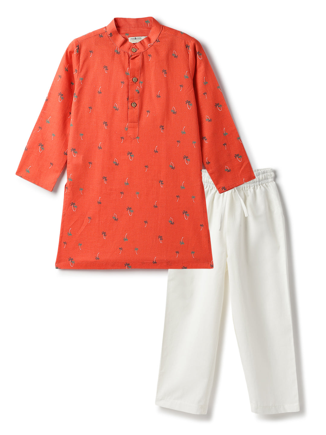Boys Cotton Boys Orange Full Sleeve Floral Kurta Set