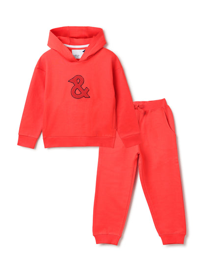 Unisex Red Solid Fleece Hooded Co-ord Set