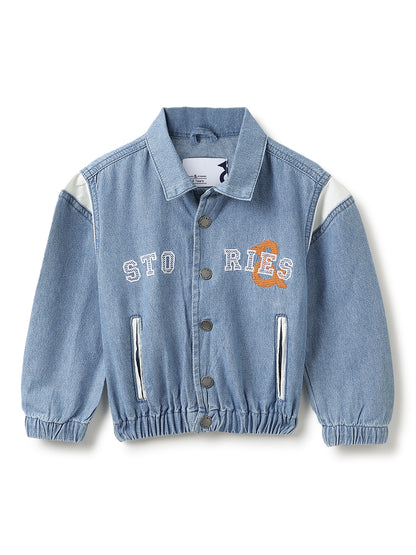 Boys Blue Embroidered Cotton Casual Jacket