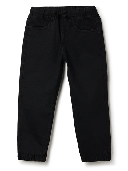Boys Cotton Red Printed T-Shirt With Black Denim Solid Slim Fit Joggers