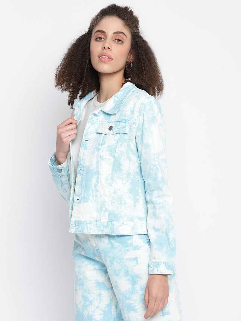 Women Sky Blue Denim Cotton Tie & Dye Jacket