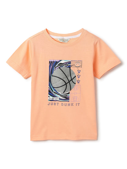 Boys Cotton Peach T-Shirt With White Denim Washed Slim Fit Jeans