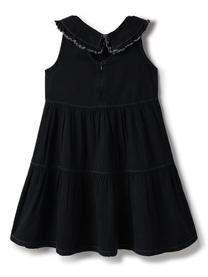 Girls Black Cotton Sleeveless Casual Dress