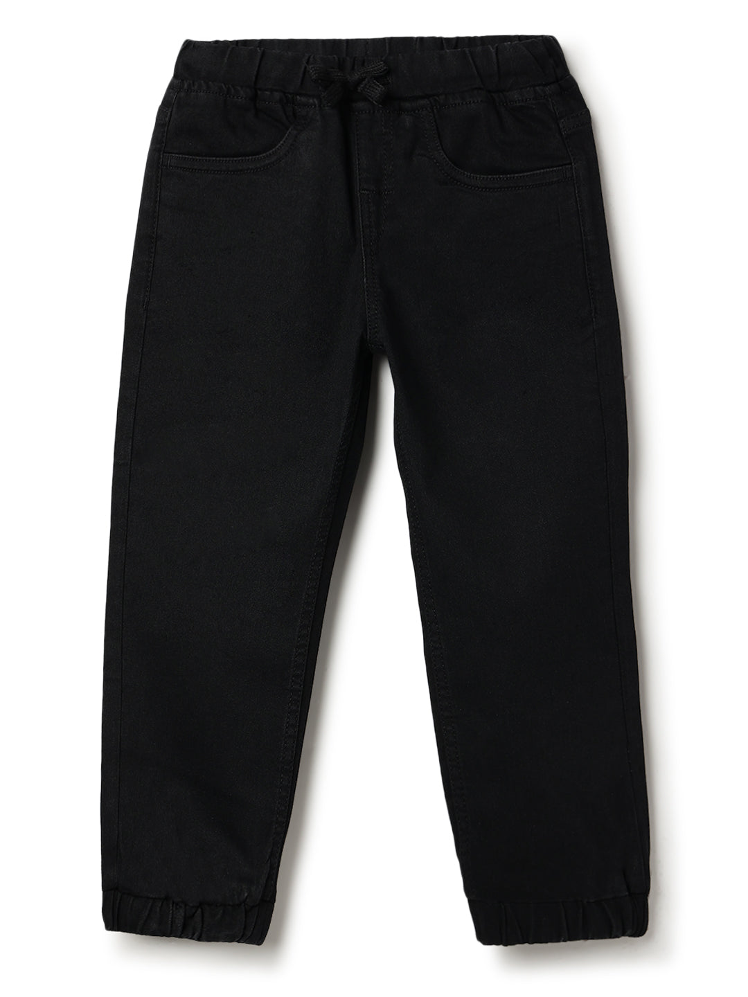 Boys Cotton Printed Grey T-Shirt With Black Denim Solid Slim Fit Joggers