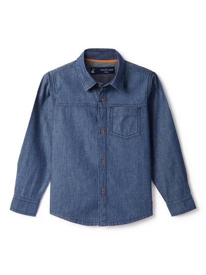 Boys Cotton Solid Blue Shirt With Black Denim Washed Barrel Fit Jeans