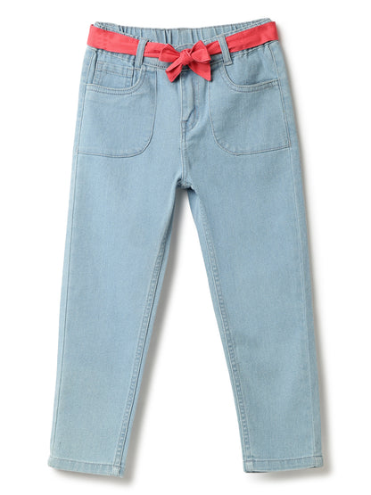Girls Light Blue Lycra Solid Jeans