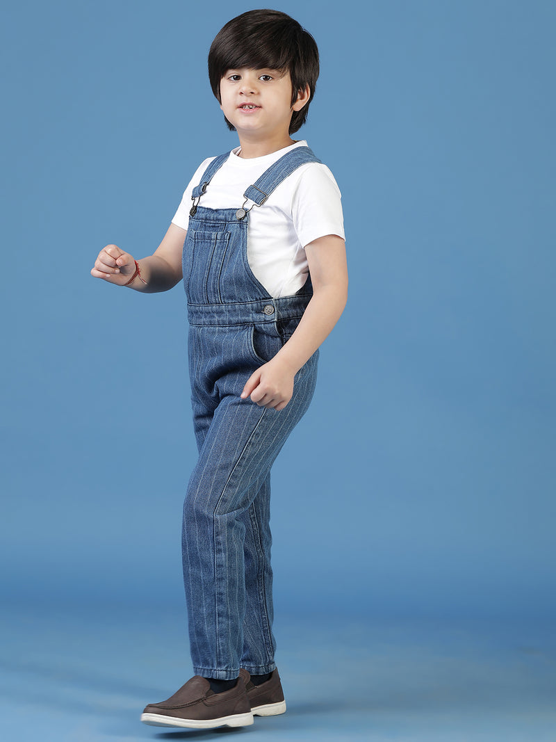 Boys Blue Cotton Striped Dungaree