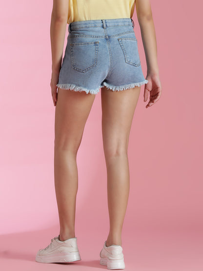 Women's Blue Denim Denim Cotton Washed Mini Shorts