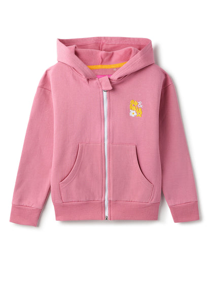 Girls Cotton Poly Solid Pink Hoodie Sweatshirt