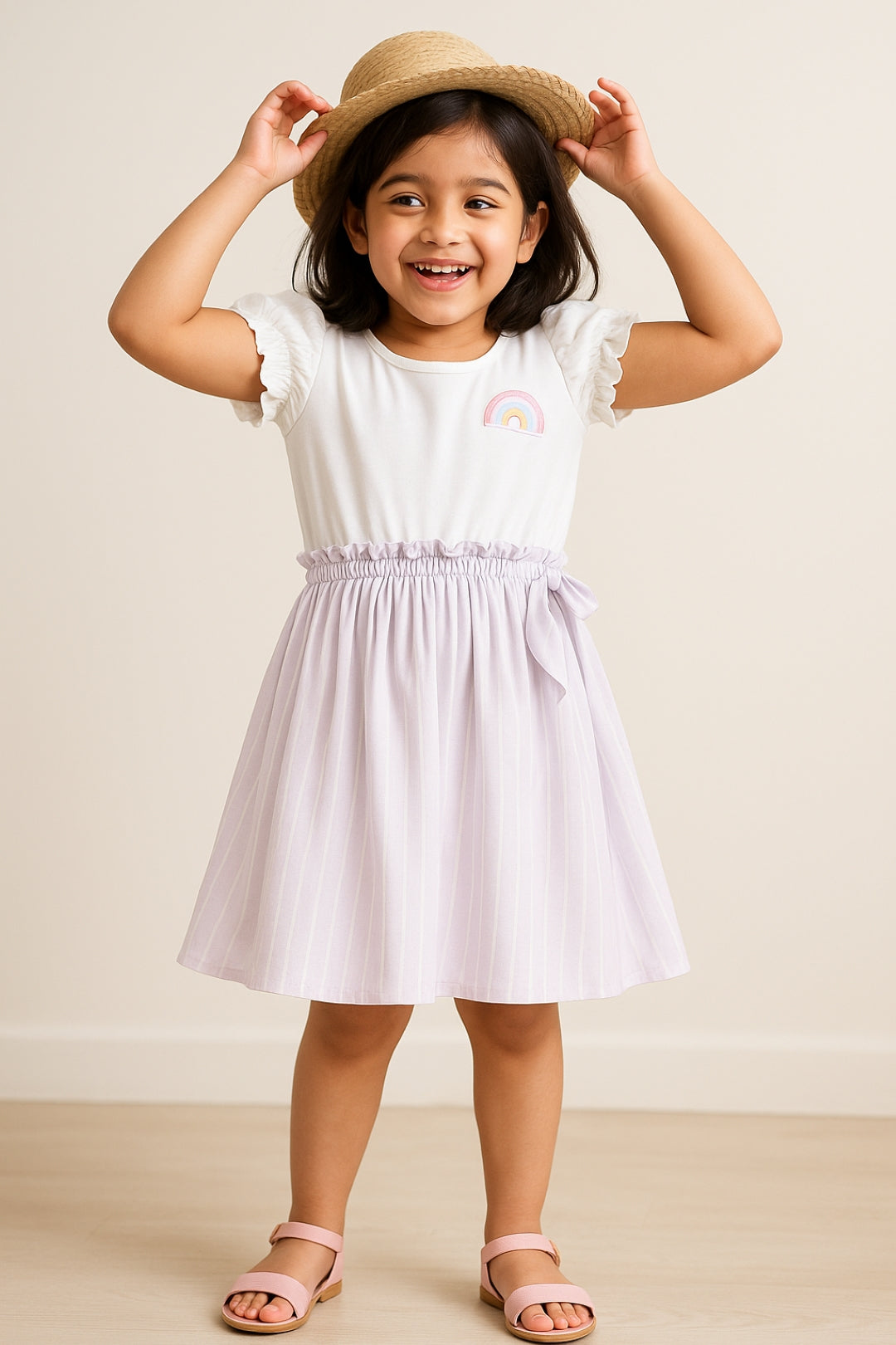 Girls White Cotton Dress With Rainbow Patch