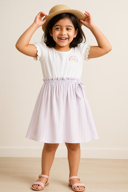 Girls White Cotton Dress With Rainbow Patch