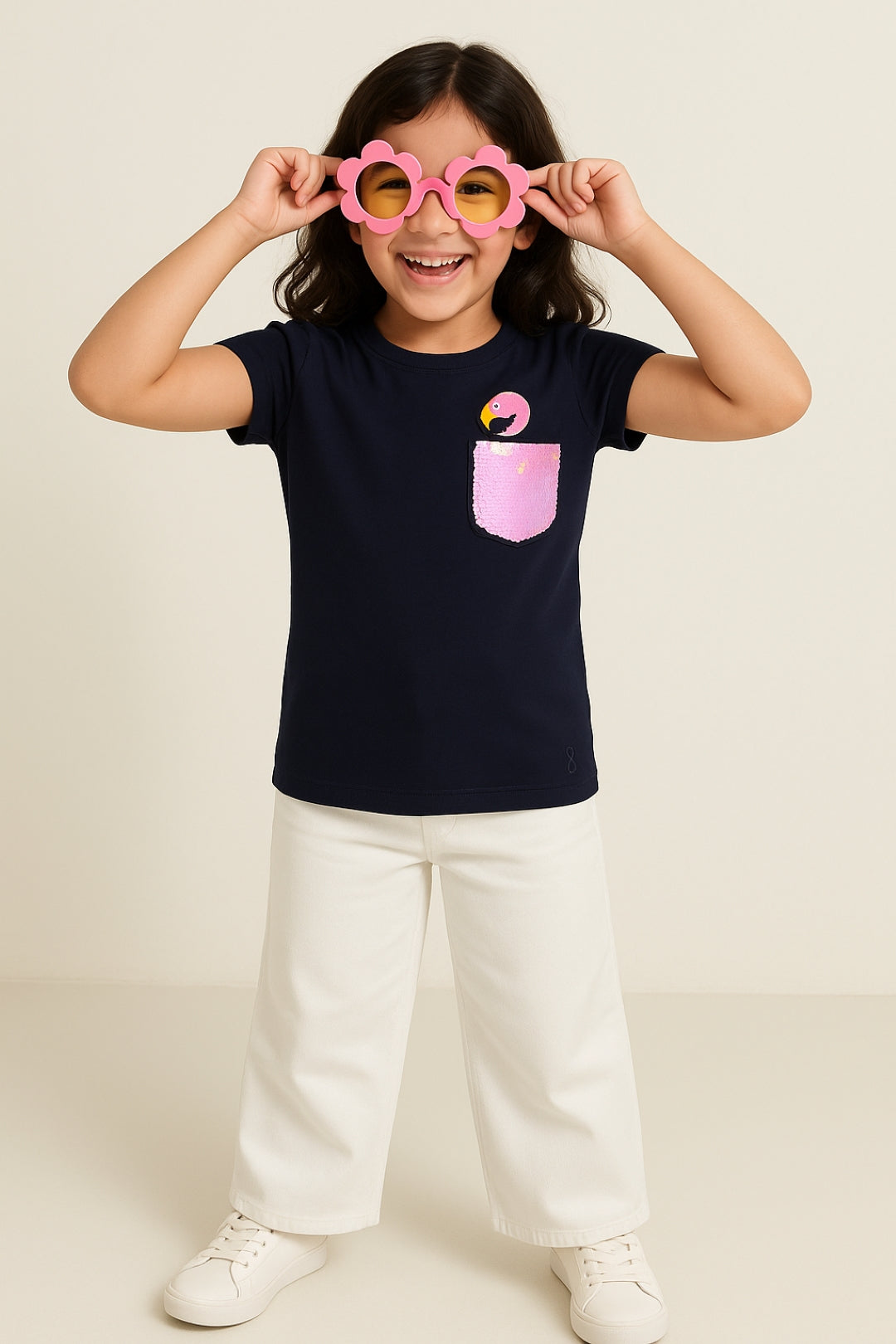 Girls Navy Blue Printed T-shirt