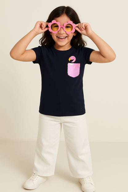 Girls Navy Blue Printed T-shirt