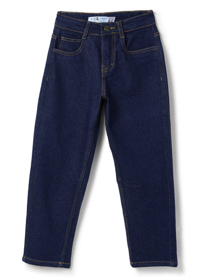 Boys Cotton Printed  Grey T-Shirt With Blue Denim Washed Barrel Fit Jeans