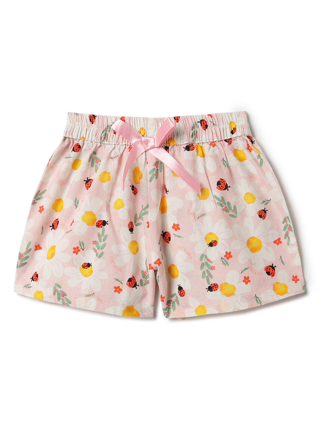 Girls Peach Cotton Printed Shorts