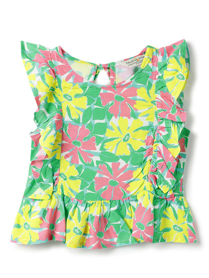 Girls Green Floral Printed Sleeveless Viscose Top
