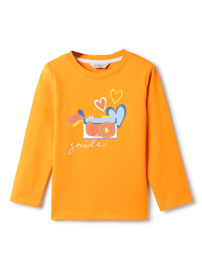 Girls Cotton Orange Printed T-Shirt