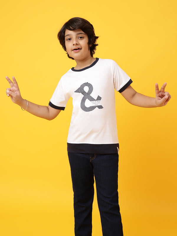 Boys Regular Fit White & Black T-Shirt