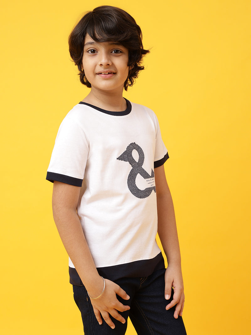 Boys Regular Fit White & Black T-Shirt