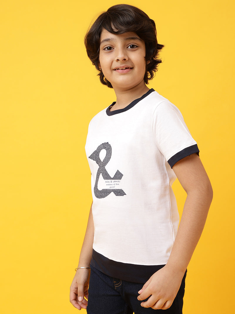 Boys Regular Fit White & Black T-Shirt