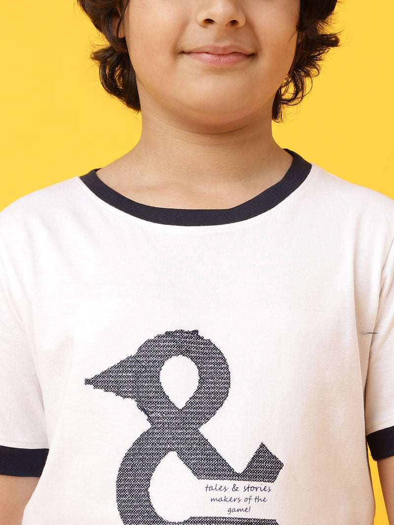 Boys Regular Fit White & Black T-Shirt