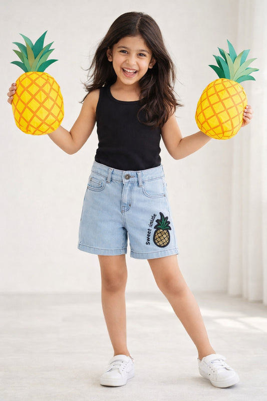 Girls Light Blue Pineapple Print Embroidered Shorts