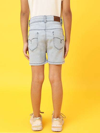 Girls Light Blue Pineapple Print Embroidered Shorts