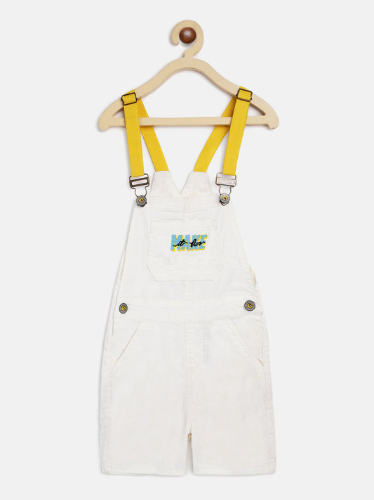 Boys White Printed Dungaree
