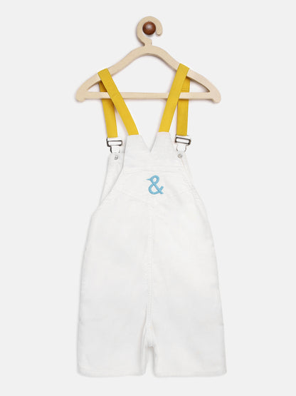 Boys White Printed Dungaree